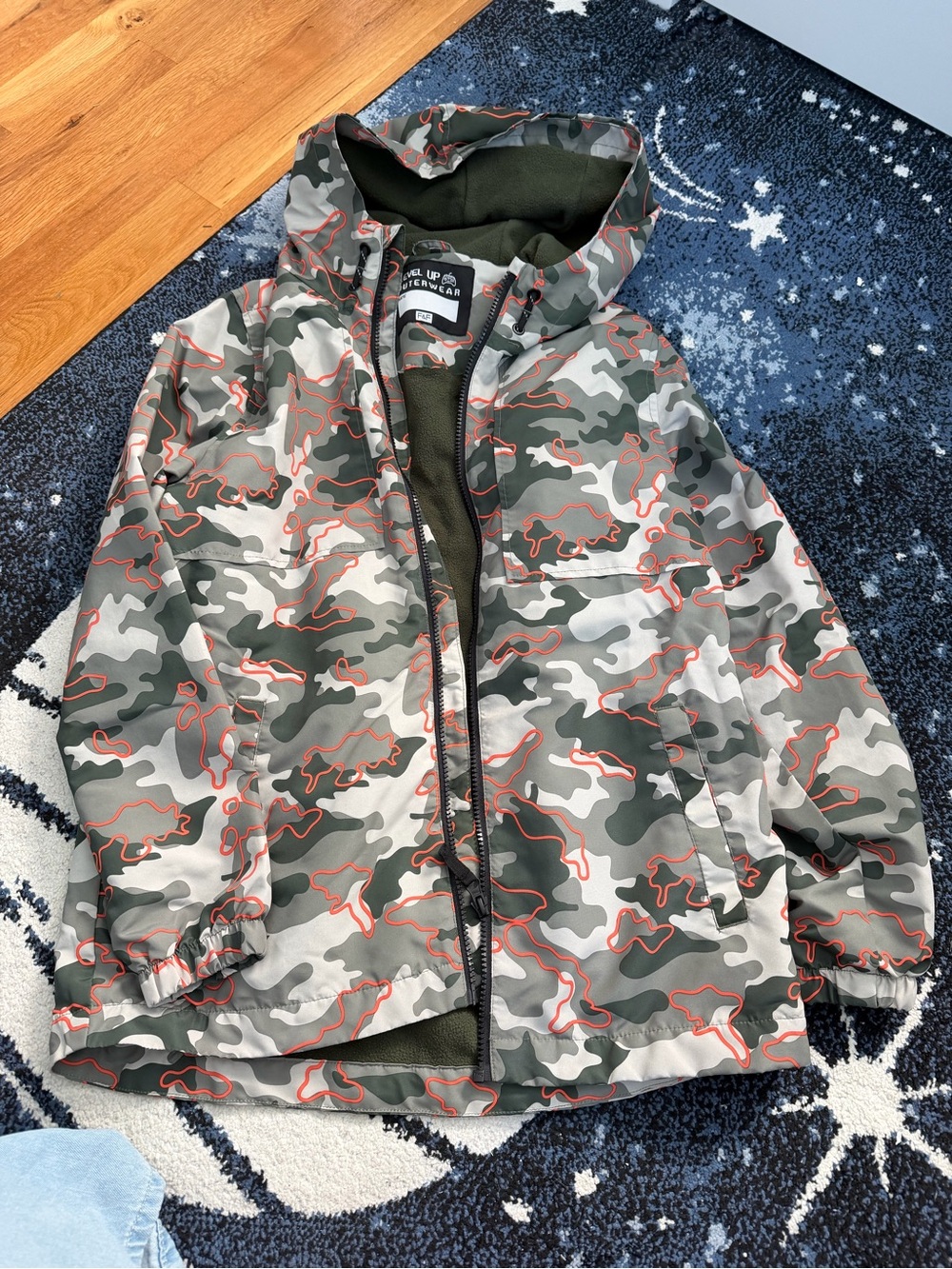 F&F Green Grey Camo Kids Hooded Raincoat with Orange Trim